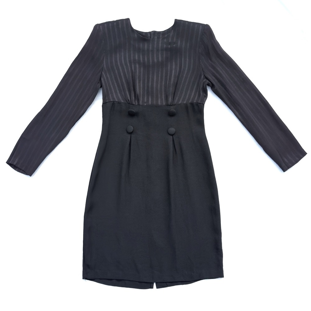 Vintage 80s 90s Hearts II Black Pinstripe Long Sleeve Retro Goth Button Dress